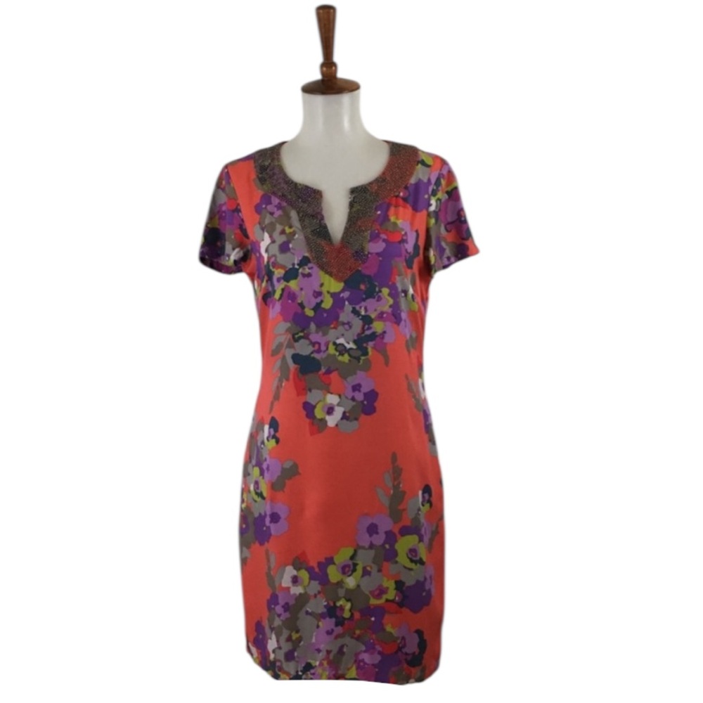 Boden Floral Dress 4 Beaded Short Sleeve Sheath Preppy Modern Retro Colorful